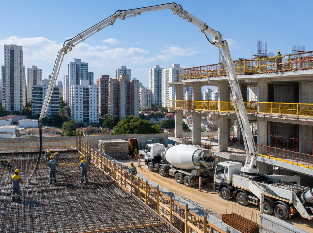 Bomba de concreto em operação em canteiro de obras